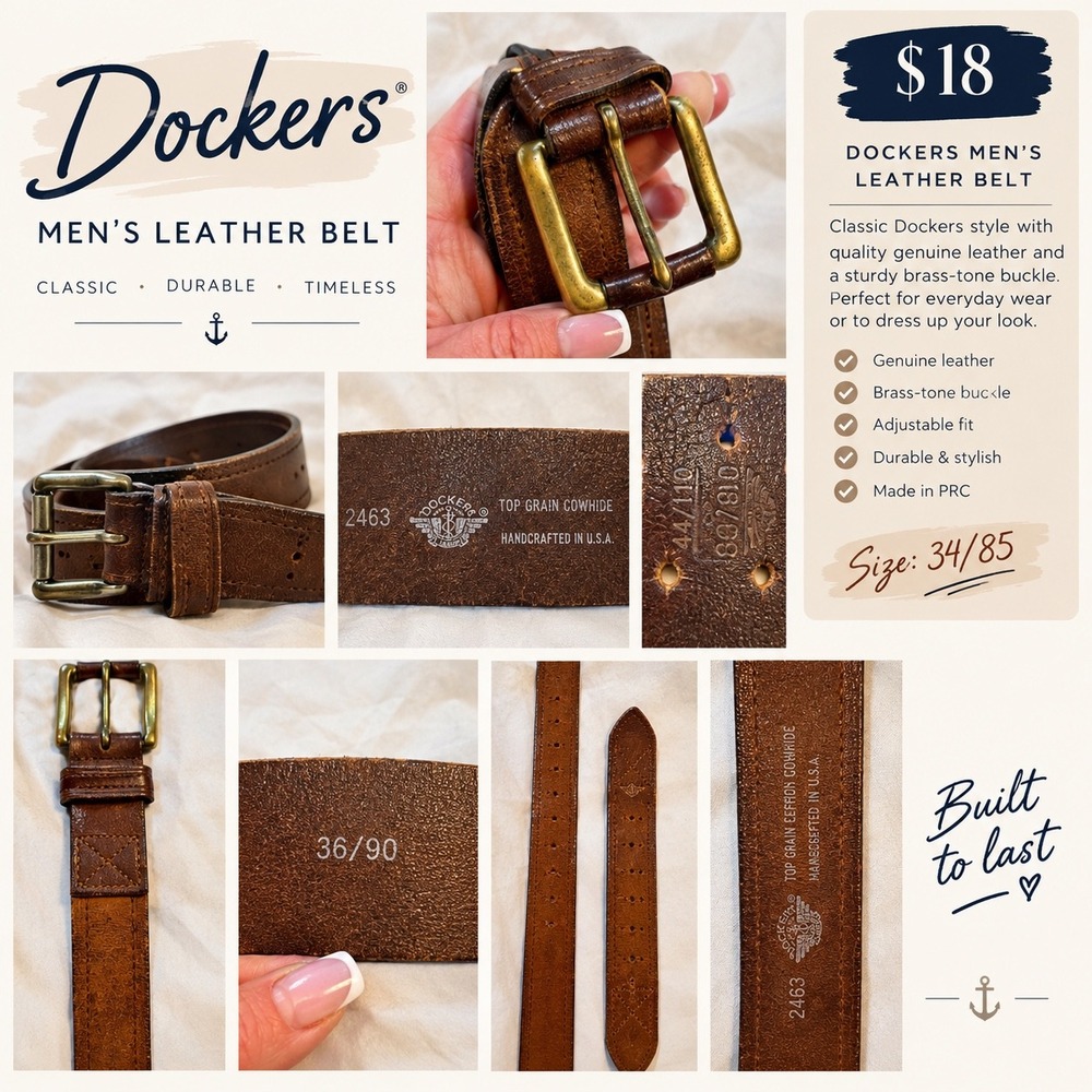 Dockers Mens 36 Brown Top Grain Cowhide Leather Belt Brass Buckle USA Made 2463